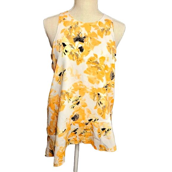 DKNY Sleeveless Blouse Small  Top Tank Asymmetrical Ruffled Yellow Floral Work - Picture 1 of 10